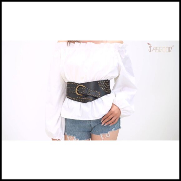 Vintage Wide Elastic Belt Studded Rivets Metal Buckle Retro Stretchy Waist main image 7